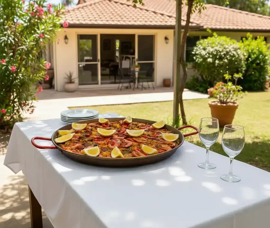 Paella aux crevettes servie dans un jardin lors d'une réception — Sabor Paella Montpellier